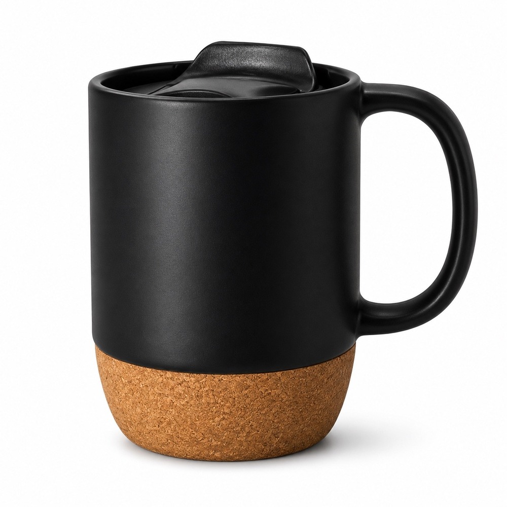 12oz Ceramic Coffee Mug with Cork Base & Splash-Proof Lid, Matte Black
